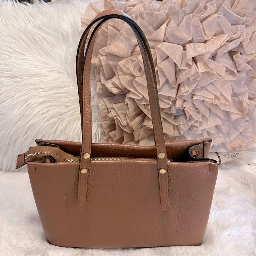 Vera Pelle Tan Brown Pebbled Leather Neutral Two Handle Tote Laptop Bag Purse